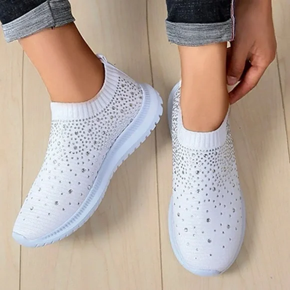 FASHION REHINESTONED FLAT PLATFORM SLIP ON KNITTED CASUAL OUT DOOR WHITE SNEAKER - Picture 5 of 8